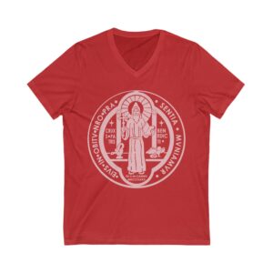 St. Benedict Medal Front/Back Print Jersey Short Sleeve V-Neck Tee (W)