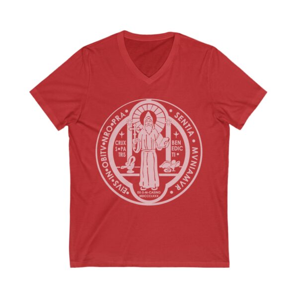 St. Benedict Medal Front/Back Print Jersey Short Sleeve V-Neck Tee (W)