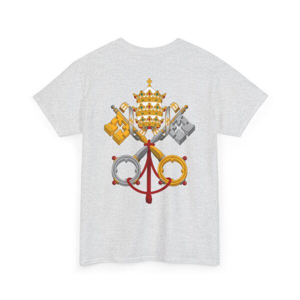 Jerusalem Cross Deus Vult Left Chest Small Print / Papal Emblem Back Large Print Heavy Cotton Tee (M) - Image 6