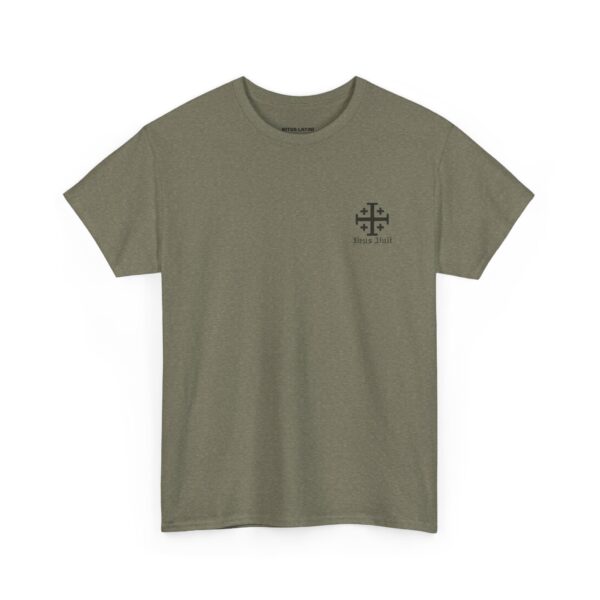 Jerusalem Cross Deus Vult Left Chest Small Print / Papal Emblem Back Large Print Heavy Cotton Tee (M) - Image 9