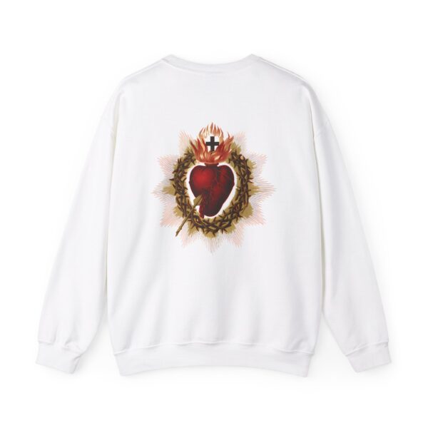 Miraculous Medal Small Left Chest / Sacred Heart of Jesus Large Back Print Heavy Blend™ Crewneck Sweatshirt (M) - Image 6