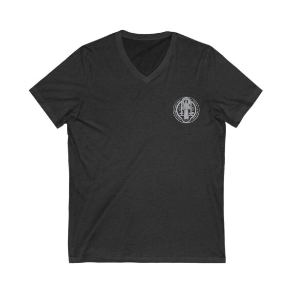 St. Benedict Medal Small Front Left Chest / Papal Flag Large Back Print Jersey Short Sleeve V-Neck Tee (W) - Image 7