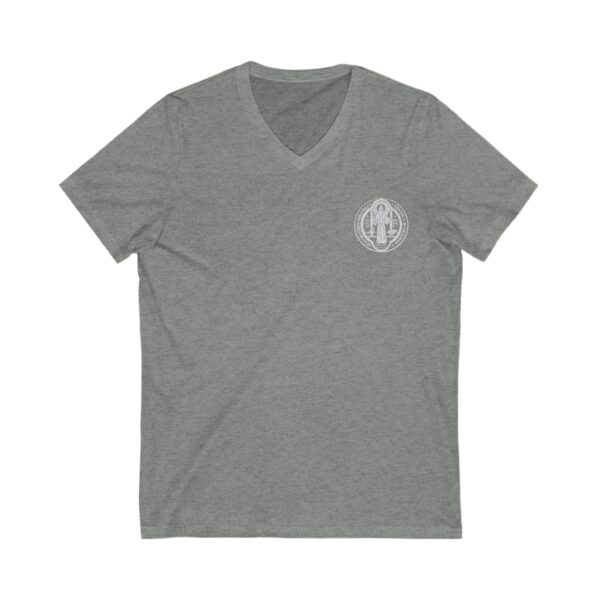 St. Benedict Medal Small Front Left Chest / Papal Flag Large Back Print Jersey Short Sleeve V-Neck Tee (W) - Image 6