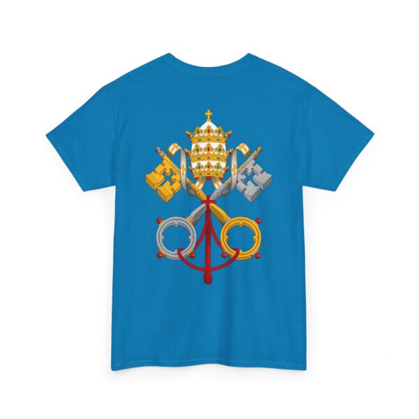 Jerusalem Cross Deus Vult Left Chest Small Print / Papal Emblem Back Large Print Heavy Cotton Tee (M) - Image 12