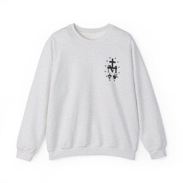 Miraculous Medal Small Left Chest / Sacred Heart of Jesus Large Back Print Heavy Blend™ Crewneck Sweatshirt (M) - Image 2