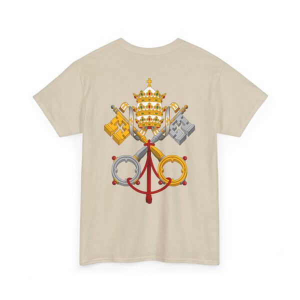 Jerusalem Cross Deus Vult Left Chest Small Print / Papal Emblem Back Large Print Heavy Cotton Tee (M)