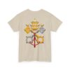 Jerusalem Cross Deus Vult Left Chest Small Print / Papal Emblem Back Large Print Heavy Cotton Tee (M)