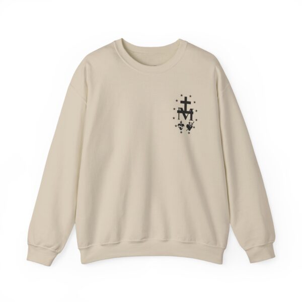 Miraculous Medal Small Left Chest / Sacred Heart of Jesus Large Back Print Heavy Blend™ Crewneck Sweatshirt (M) - Image 7