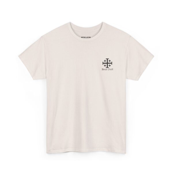 Jerusalem Cross Deus Vult Left Chest Small Print / Papal Emblem Back Large Print Heavy Cotton Tee (M) - Image 7