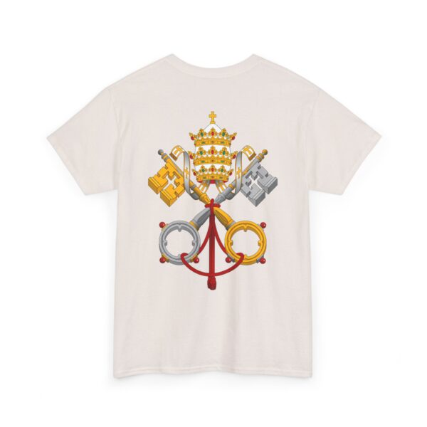 Jerusalem Cross Deus Vult Left Chest Small Print / Papal Emblem Back Large Print Heavy Cotton Tee (M) - Image 8