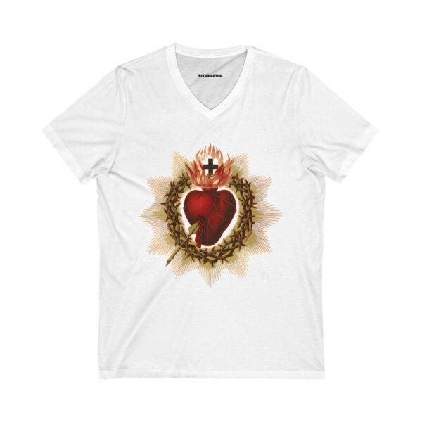 Most Sacred Heart of Jesus Front Print Jersey Short Sleeve V-Neck Tee (W) - Image 3