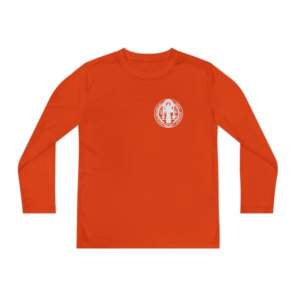 St. Benedict Medal Small Front Left Chest / Large Back Print Youth Long Sleeve Competitor Tee - Image 6