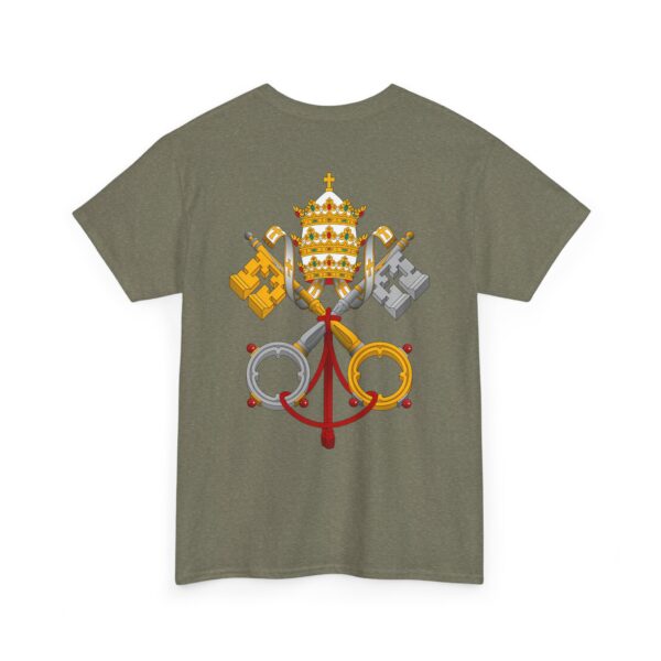 Jerusalem Cross Deus Vult Left Chest Small Print / Papal Emblem Back Large Print Heavy Cotton Tee (M) - Image 10