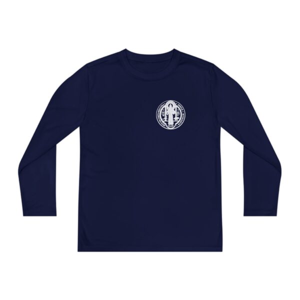 St. Benedict Medal Small Front Left Chest / Large Back Print Youth Long Sleeve Competitor Tee - Image 9