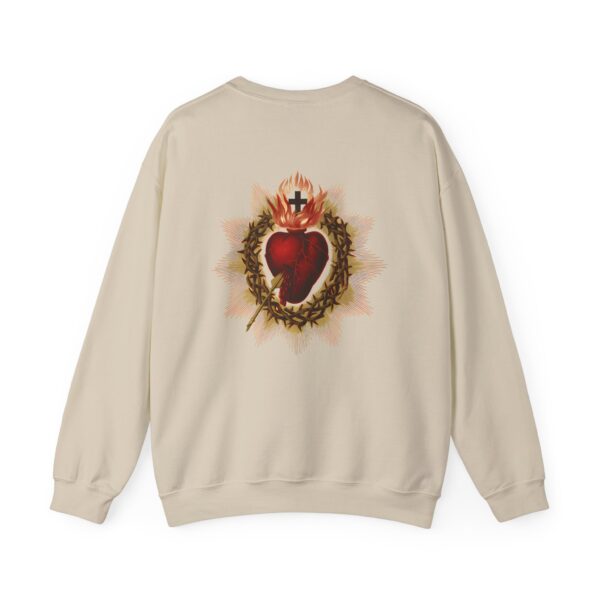 Miraculous Medal Small Left Chest / Sacred Heart of Jesus Large Back Print Heavy Blend™ Crewneck Sweatshirt (M) - Image 8