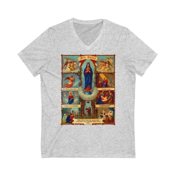 Ave Maria Latin Prayer Storyboard Stick Frame Motif Jersey Short Sleeve V-Neck Tee (W) - Image 3