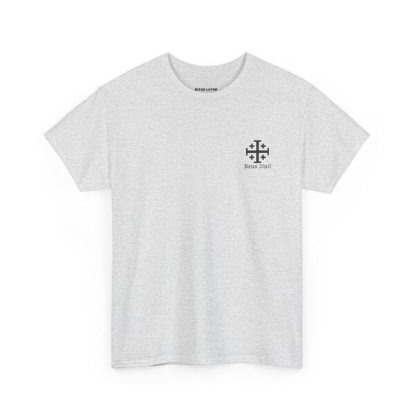 Jerusalem Cross Deus Vult Left Chest Small Print / Papal Emblem Back Large Print Heavy Cotton Tee (M) - Image 5