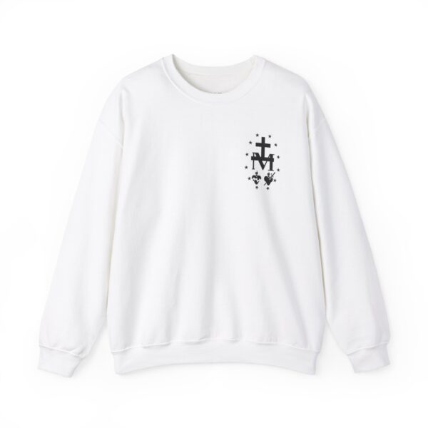 Miraculous Medal Small Left Chest / Sacred Heart of Jesus Large Back Print Heavy Blend™ Crewneck Sweatshirt (M) - Image 5