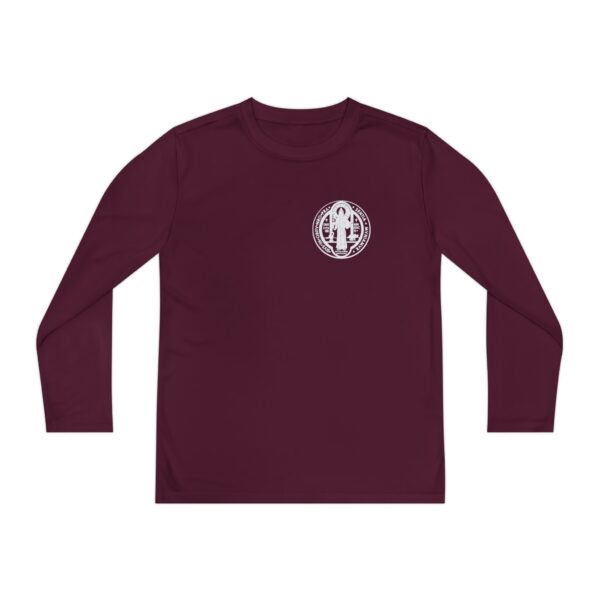 St. Benedict Medal Small Front Left Chest / Large Back Print Youth Long Sleeve Competitor Tee