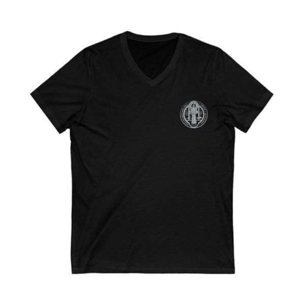 St. Benedict Medal Small Front Left Chest / Papal Flag Large Back Print Jersey Short Sleeve V-Neck Tee (W) - Image 3