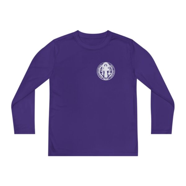 St. Benedict Medal Small Front Left Chest / Large Back Print Youth Long Sleeve Competitor Tee - Image 10