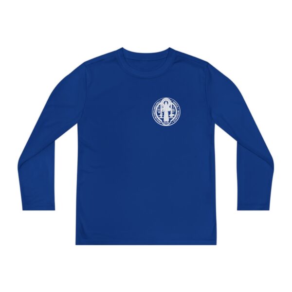 St. Benedict Medal Small Front Left Chest / Large Back Print Youth Long Sleeve Competitor Tee - Image 5