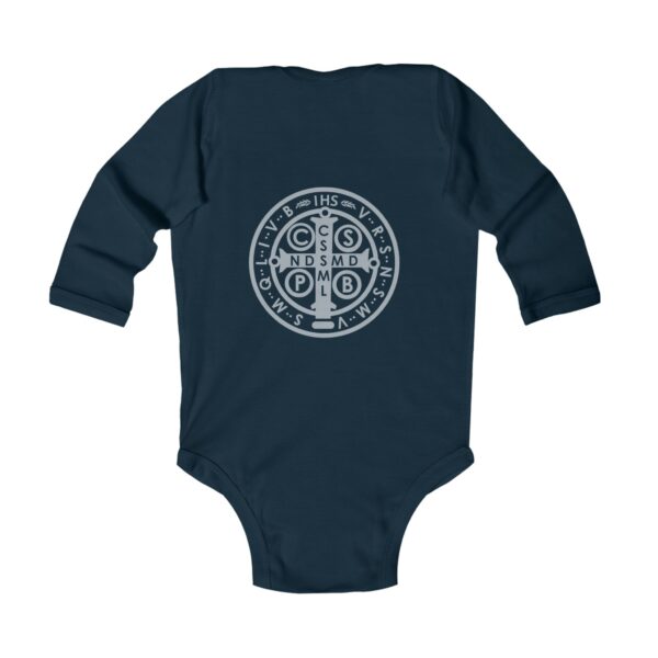 St. Benedict Medal Front/Back Print Infant Long Sleeve Bodysuit - Image 2