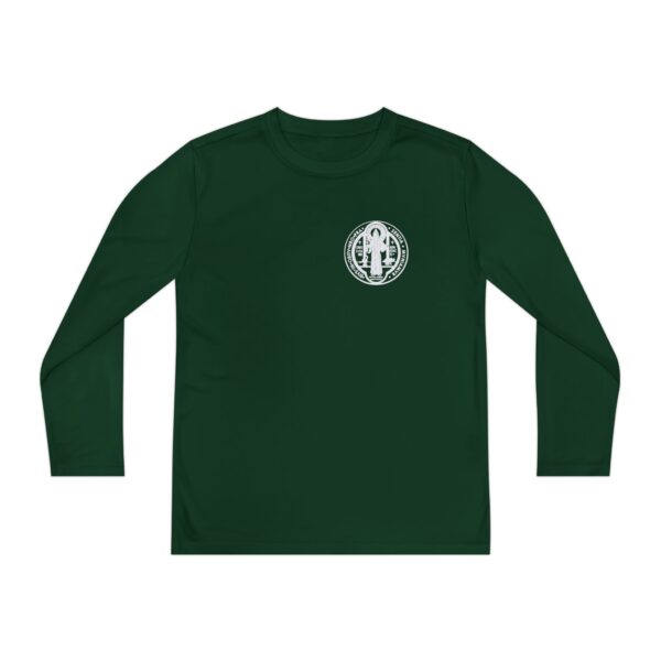 St. Benedict Medal Small Front Left Chest / Large Back Print Youth Long Sleeve Competitor Tee - Image 8