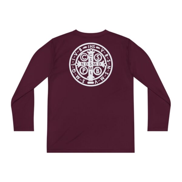 St. Benedict Medal Small Front Left Chest / Large Back Print Youth Long Sleeve Competitor Tee - Image 2