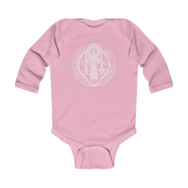 St. Benedict Medal Front/Back Print Infant Long Sleeve Bodysuit - Image 6