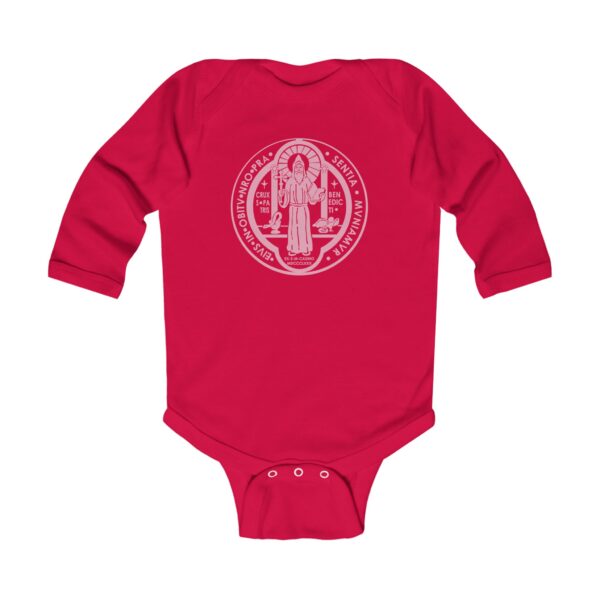 St. Benedict Medal Front/Back Print Infant Long Sleeve Bodysuit - Image 7