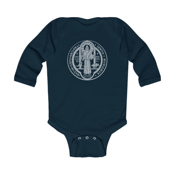 St. Benedict Medal Front/Back Print Infant Long Sleeve Bodysuit