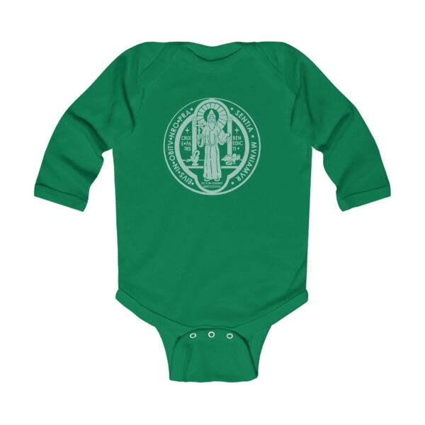 St. Benedict Medal Front/Back Print Infant Long Sleeve Bodysuit - Image 3