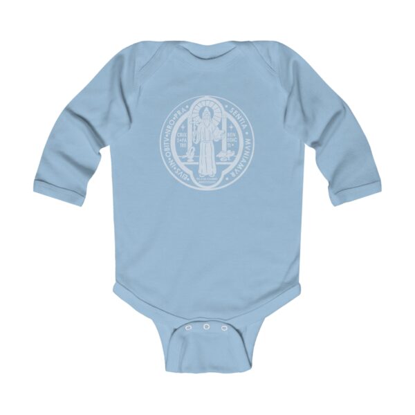 St. Benedict Medal Front/Back Print Infant Long Sleeve Bodysuit - Image 4