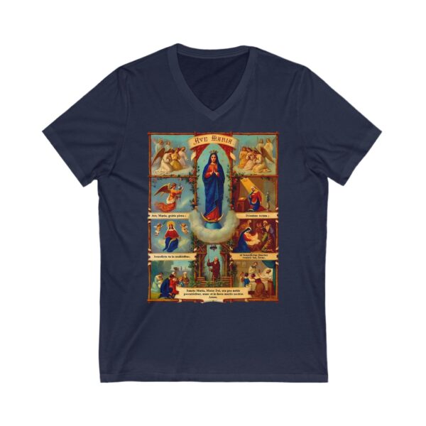 Ave Maria Latin Prayer Storyboard Stick Frame Motif Jersey Short Sleeve V-Neck Tee (W) - Image 7