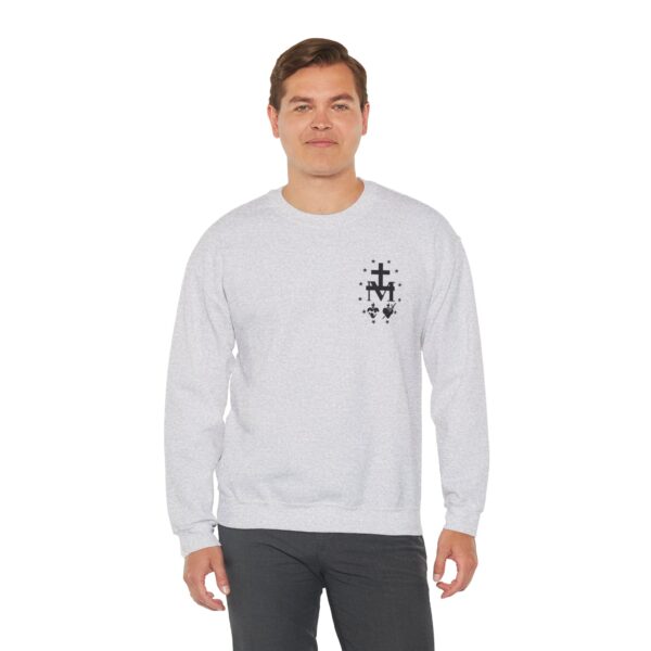 Miraculous Medal Small Left Chest / Sacred Heart of Jesus Large Back Print Heavy Blend™ Crewneck Sweatshirt (M) - Image 3