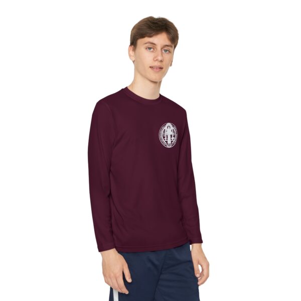 St. Benedict Medal Small Front Left Chest / Large Back Print Youth Long Sleeve Competitor Tee - Image 3