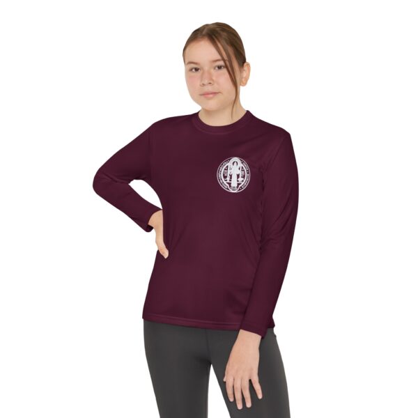 St. Benedict Medal Small Front Left Chest / Large Back Print Youth Long Sleeve Competitor Tee - Image 4