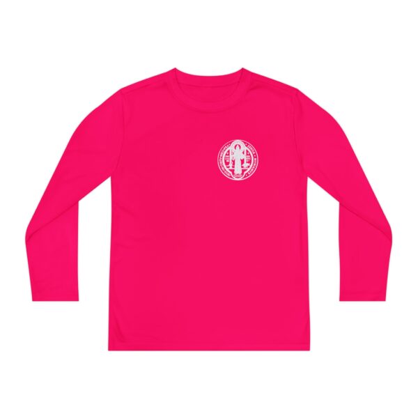 St. Benedict Medal Small Front Left Chest / Large Back Print Youth Long Sleeve Competitor Tee - Image 12