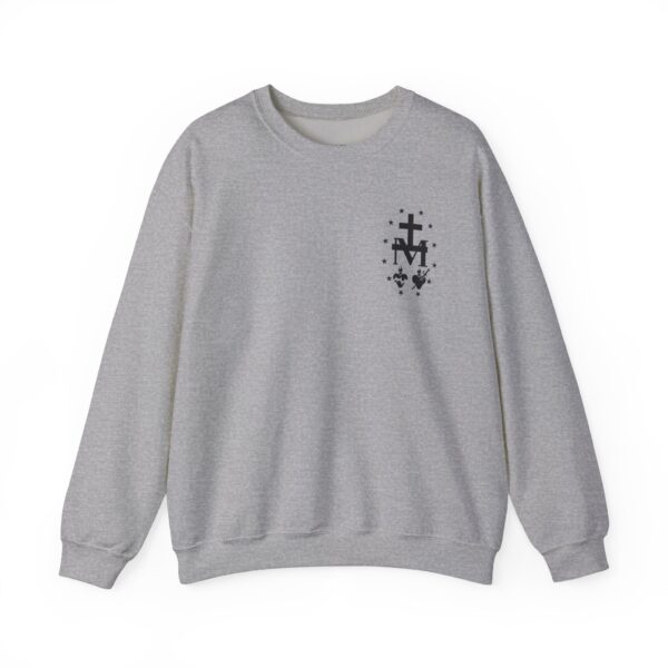 Miraculous Medal Small Left Chest / Sacred Heart of Jesus Large Back Print Heavy Blend™ Crewneck Sweatshirt (M) - Image 9