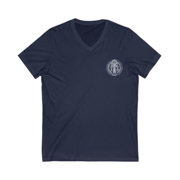 St. Benedict Medal Small Front Left Chest / Papal Flag Large Back Print Jersey Short Sleeve V-Neck Tee (W) - Image 4