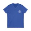 St. Benedict Medal Small Front Left Chest / Papal Flag Large Back Print Jersey Short Sleeve V-Neck Tee (W) - Image 5