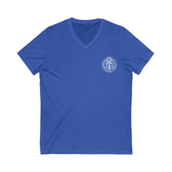 St. Benedict Medal Small Front Left Chest / Papal Flag Large Back Print Jersey Short Sleeve V-Neck Tee (W) - Image 5