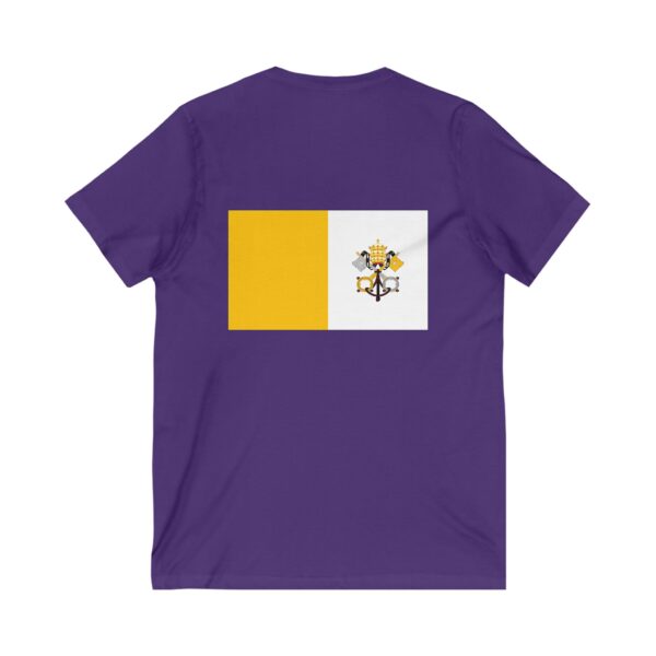 St. Benedict Medal Small Front Left Chest / Papal Flag Large Back Print Jersey Short Sleeve V-Neck Tee (W) - Image 2