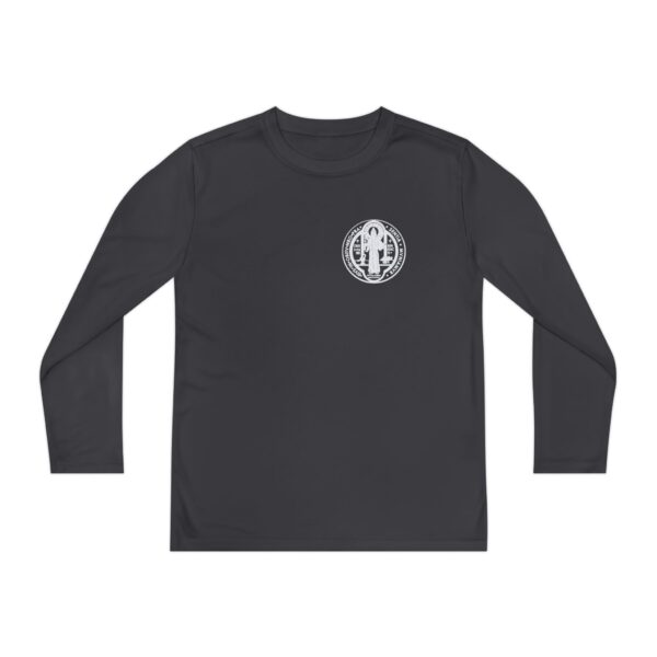 St. Benedict Medal Small Front Left Chest / Large Back Print Youth Long Sleeve Competitor Tee - Image 7