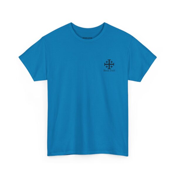 Jerusalem Cross Deus Vult Left Chest Small Print / Papal Emblem Back Large Print Heavy Cotton Tee (M) - Image 11