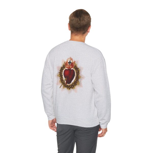 Miraculous Medal Small Left Chest / Sacred Heart of Jesus Large Back Print Heavy Blend™ Crewneck Sweatshirt (M) - Image 4