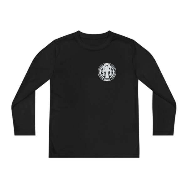 St. Benedict Medal Small Front Left Chest / Large Back Print Youth Long Sleeve Competitor Tee - Image 11