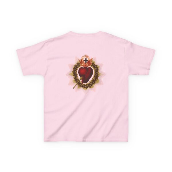 Entwined Twin Hearts Small Left Chest / Sacred Heart of Jesus Large Back Print Kids Heavy Cotton™ Tee - Image 7